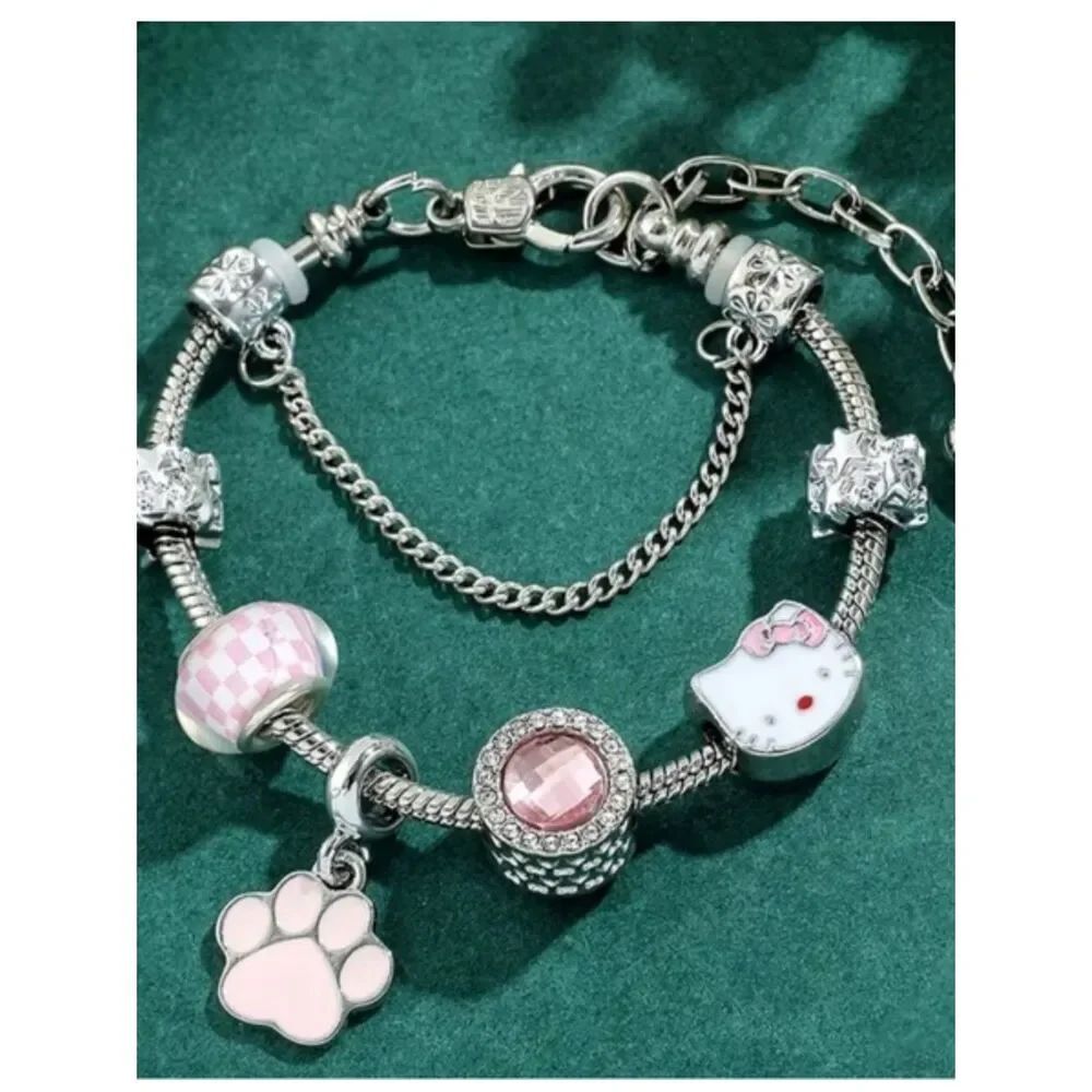 Hello Kitty Silver Charm Bracelet with Pink Enamel Accents